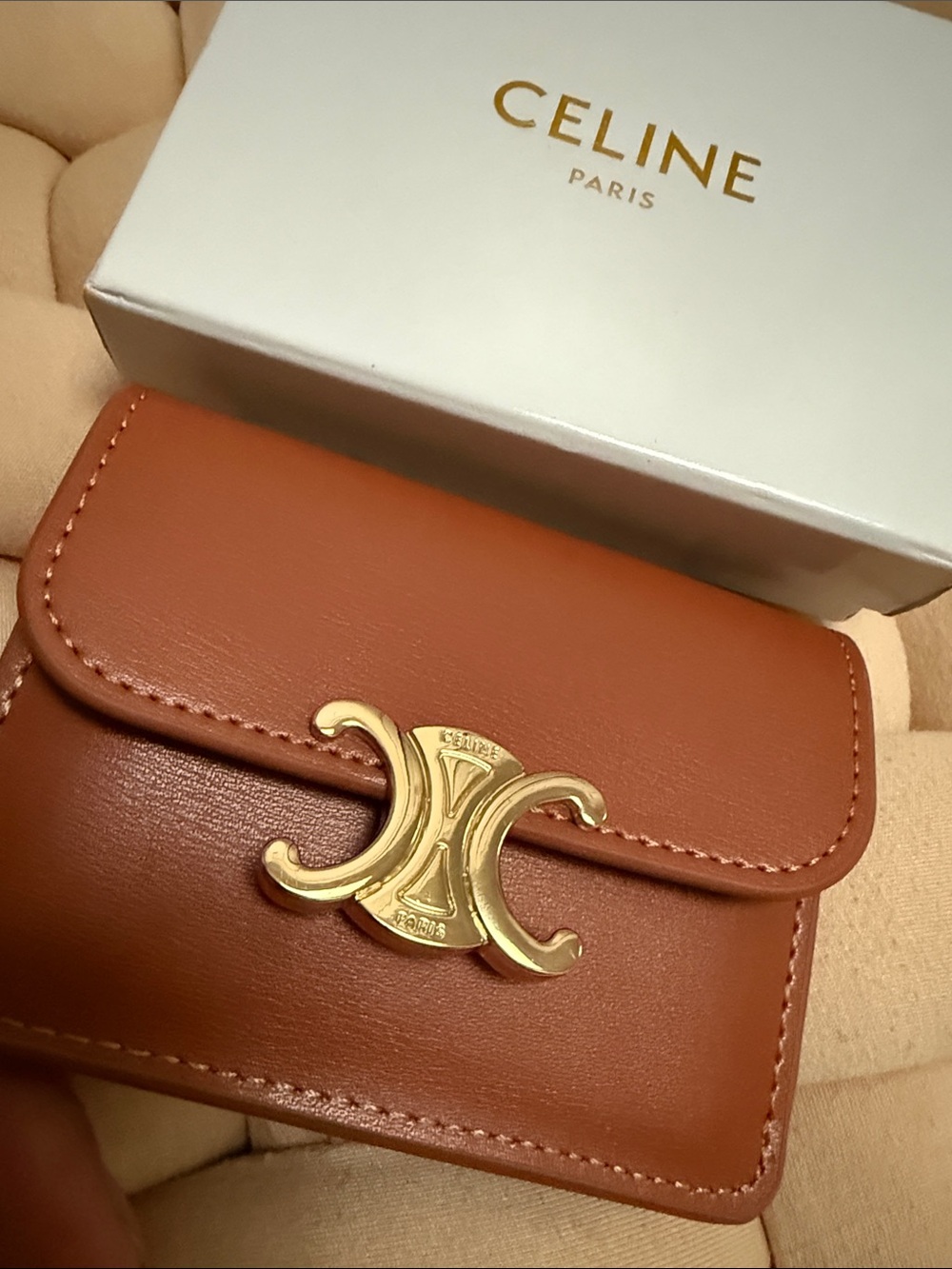 C Brown Leather Triomphe Card Case with Gold Hardware